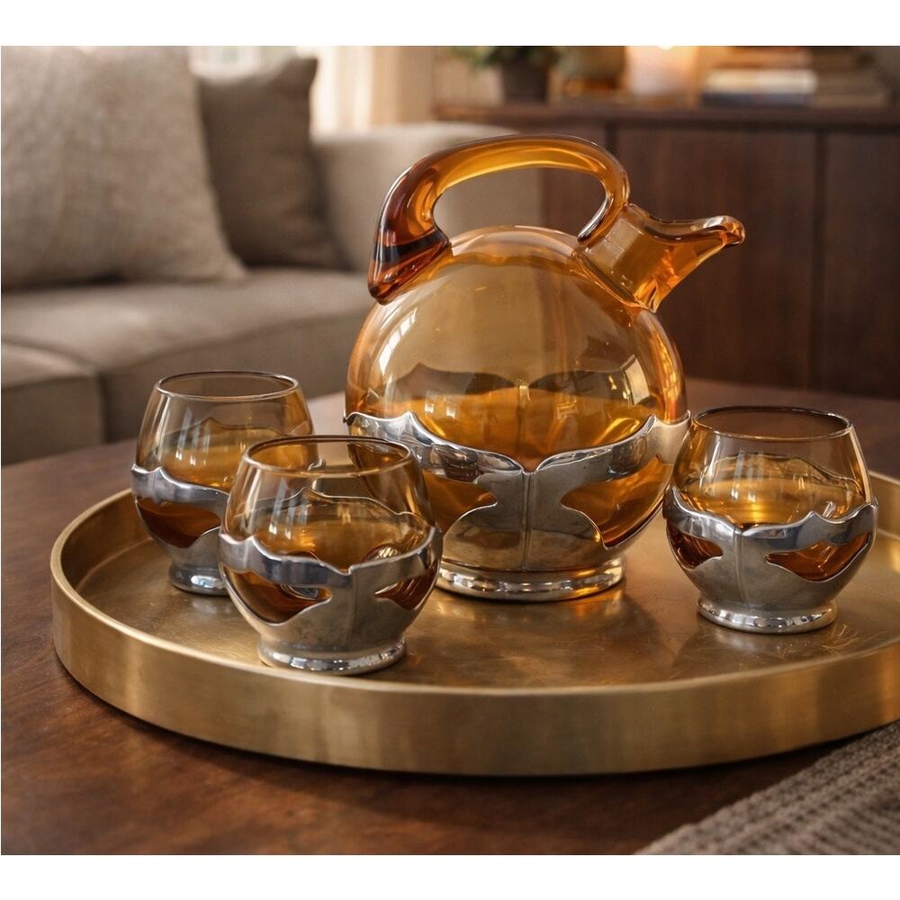 Vtg Farber Bros Art Deco Barware Amber Glass Cocktail Set Hollywood Regency READ